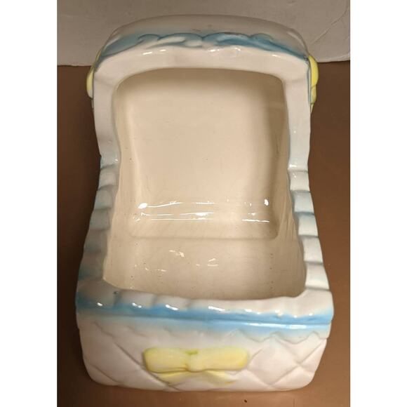 Giftwares Co Nancy Pew Baby Cradle Bassinet Planter Blue White Yellow Bows - Picture 3 of 8